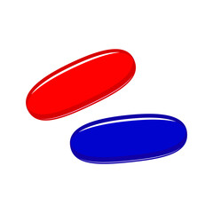 Make a choice true or false. Blue and red pills isolated on white background. Vector.