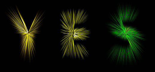 Abstract radial zoom blur surface in green and yellow tones on a black background. Unique bright background with radial, divergent, converging lines in the shape of the word yes.