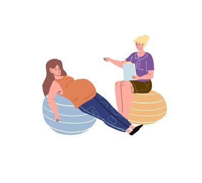 Vector flat cartoon characters,pregnant woman doing exercises on fitness ball with class trainer-pregnancy courses for new mothers,healthy happy motherhood social concept,web site banner ad design