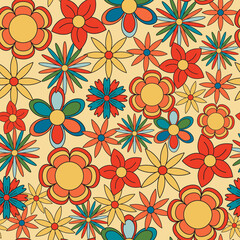 Fototapeta na wymiar 70s seamless vector pattern with vintage groovy flowers. Psychedelic floral background. Fun hippy meadow texture for surface design, wallpaper, wrapping paper, textile