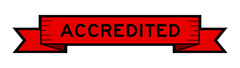 Ribbon label banner with word accredited in red color on white background