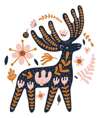Deer silhouette with natural forest motif. Fairytale animal