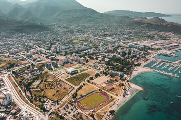 City of Bar - Montenegro / Stadion at the Adria Sea, Beach & Mountains Aerial Drone Shot