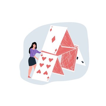 Vector flat cartoon character with playing card building house of cards-metaphor for beginning of new business,successful startup,effective teamwork,goal achievement,web page online design concept