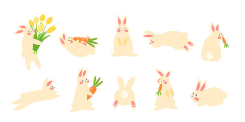Obraz na płótnie Canvas Easter bunny set, template for greeting card, poster, banner. Vector illustration cartoon flat icon collection isolated on white background .