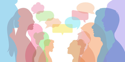 Communication group of multi-ethnic business co-workers and colleagues with speech bubble. Silhouette of diversity people side. vector illustration.