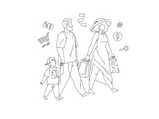 Family shopping line vector illustration. Social media market sales search and discount, e-commerce, internet marketing concept