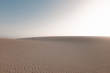 Naklejka premium Chica caminando por la arena de las dunas en Fuerteventura durante el atardecer