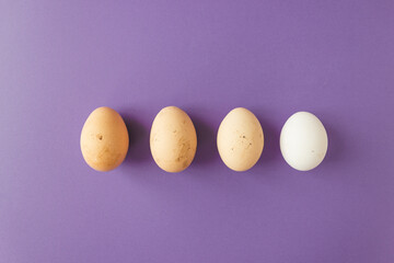 Row of four natural farm chicken eggs isolated on very peri background. Easter holiday concept.