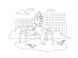 Young woman rest sitting on park bench drinking coffee surrounded with pigeon bird line vector illustration