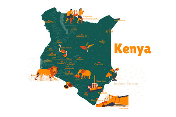 Vector map of Kenya. Sights. Historical places. Tourism. Cities. Guide. Africa. National parks of Africa. African animals. Mountains. Nairobi. First Ancient people. 