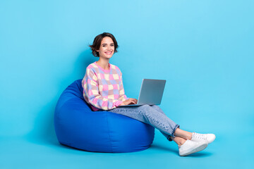 Full length profile side photo of young cheerful lady use laptop workshop seminar isolated over...