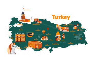 Vector map of Turkey. Sights. Historical places. Tourism. Cities. Guide. Ephesus, Cappadocia, Pamukkale, Mount Nemrut, Ararat, Sumela Monastery, Aspendos, Maiden's Tower, Istanbul, Oludeniz.