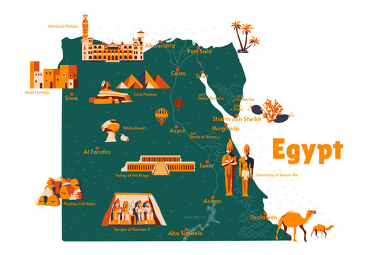 Vector map of Egypt. Sights. Historical places. Tourism. Cities. Guide. Africa. African animals. Mountains. Cairo. Sharm Ash Sheikh. Giza. Alexandria. Nile. Pyramids. Camels. Pharaohs. Sinai