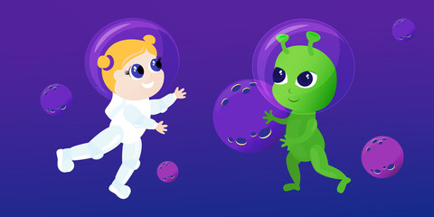 A girl and a friendly alien dressed as astronauts in space. They are happy and smiling and playing against the background of the planets. Illustration in children's style.