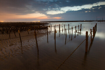 Fototapeta premium Beautiful landscape of sea level reflect fantasy dramatic sunset sky in wetlands , the famous travel attractions in Changhua Binhai Industrial Zone, Taiwan. (彰濱)