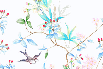 Fototapety  Watercolor hand painted butterflies, birds and flowers