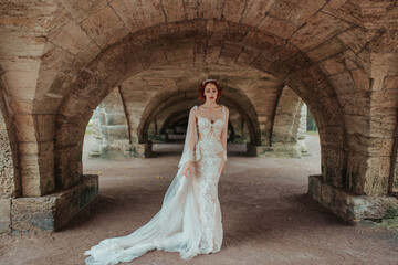 young woman bride posing in beautiful dress