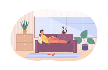 Happy male suffering internet addiction procrastination enjoying leisure weekend at home cartoon vector