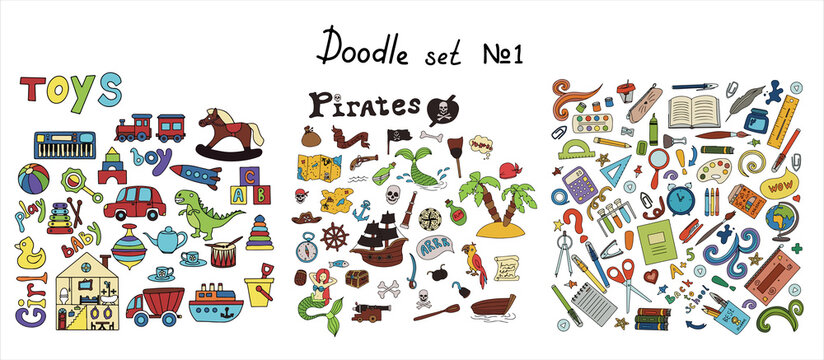 Vector doodle pirate, toys, school supples sets. A map with a hand-drawn sketch of a mermaid ship and pirate items. Template for children s postcards. Map of treasure island. Hand draw collection of