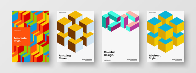 Multicolored annual report vector design concept set. Unique geometric hexagons brochure template collection.