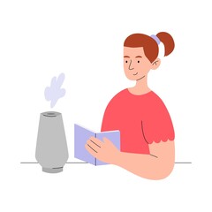 Girl with book. Concept air purifier in home.