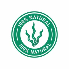100% natural with leaves or seaweed badge logo design. Suitable for product label