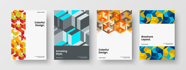 Unique geometric hexagons presentation illustration composition. Fresh catalog cover A4 vector design concept bundle.