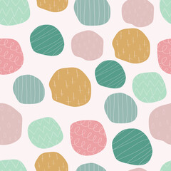 Abstract hand drawn circles seamless pattern. Round irregular shapes in pastel tones. Mess geometric design elements. Trendy vector illustration with various doodle shapes.