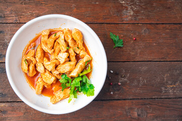 braised chicken meat tomato sauce chicken breast stew beef stroganoff second course healthy food fresh portion healthy meal food diet snack on the table copy space food background rustic top view
