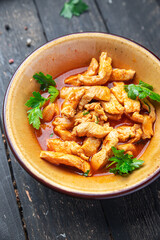 braised chicken meat tomato sauce chicken breast stew beef stroganoff second course healthy food fresh portion healthy meal food diet snack on the table copy space food background rustic top view