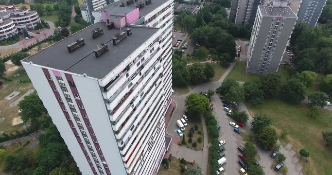 Dynamic Aerial Shot Of Communist Buildings. Concrete Apartment Blocks 4K