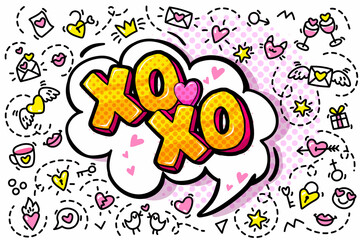 XO XO lettering in pop art style. Concept of love.