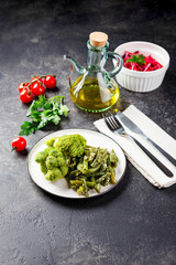 Dinner table with different dishes, set menu for nutritious healthy lunch in restaurant, business lunch