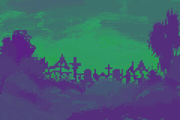 Creepy cemetery landscape illustration. Artistic background in pixel art style