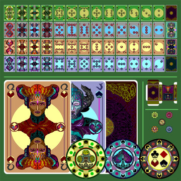 Poker Set Includes: Full Card Deck, Casino Chips, Playing Card Tuck Box Template. Oriental Fairy Tale. Vector Set.