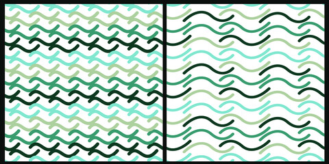Set of vector seamless patterns. Geometric squiggles in green pastel colors on a white isolated background. 