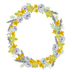 wreath from garden flowers and herbs. vector graphics