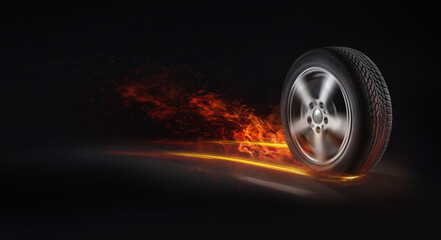 strong auto tires modern diagnosis. Burning car tire at high speed