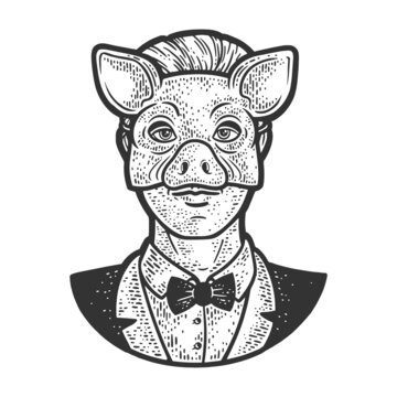 man in pig mask sketch engraving vector illustration. T-shirt apparel print design. Scratch board imitation. Black and white hand drawn image.