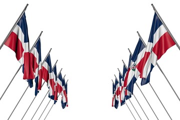 cute many Dominican Republic flags hangs on diagonal poles from left and right sides isolated on white - any occasion flag 3d illustration.. - obrazy, fototapety, plakaty