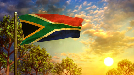 waving flag of South Africa at sundown for anthem day - abstract 3D rendering