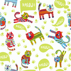 Obraz na płótnie Canvas Cute and trendy vector seamless pattern with decorative drawn cats and 