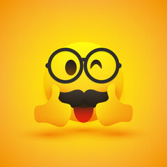 Fototapeta premium Positive, Satisfied, Happy Winking Nerd Male Emoji with Rounded Glasses, Mustache and Stuck Out Tongue Showing Double Thumbs Up - Vector Emoticon Design for Web and Apps on Yellow Background