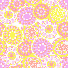 Original vector seamless pattern with doodle circles in the ethnic style of India, Persia and other Arab and Eastern countries. Variegated and multi-colored ornament for printing on fabrics