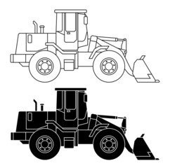 Children linear drawing for coloring book. Heavy Construction equipment loader, bulldozer in linear. Industrial machinery and equipment. Isolated vector on white