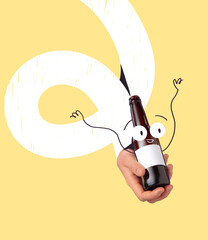 Creative design. Contemporary art collage. Male hand holding beer bootle with funny cartoon face doodles