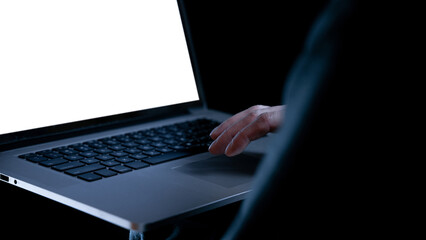 Cyber attack hacker concept. Internet web hack technology. Digital laptop in hacker man hand...