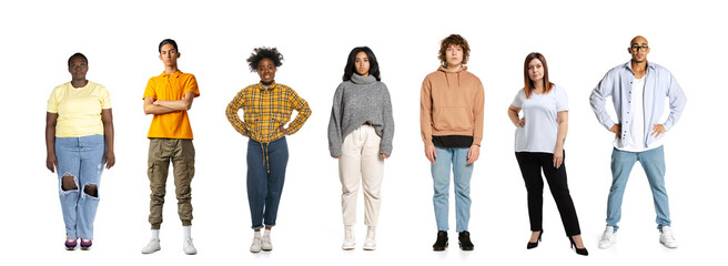Group of different, multi ethnic people, men and women standing isolated over white background,...