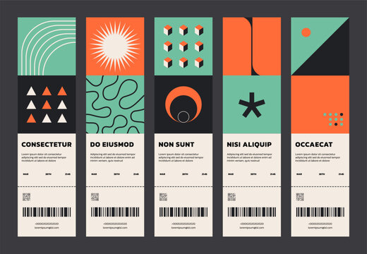 Abstract geometric tickets. Set of minimalist simple flyer set with bold geometry shapes, swiss bauhaus style. Vector design